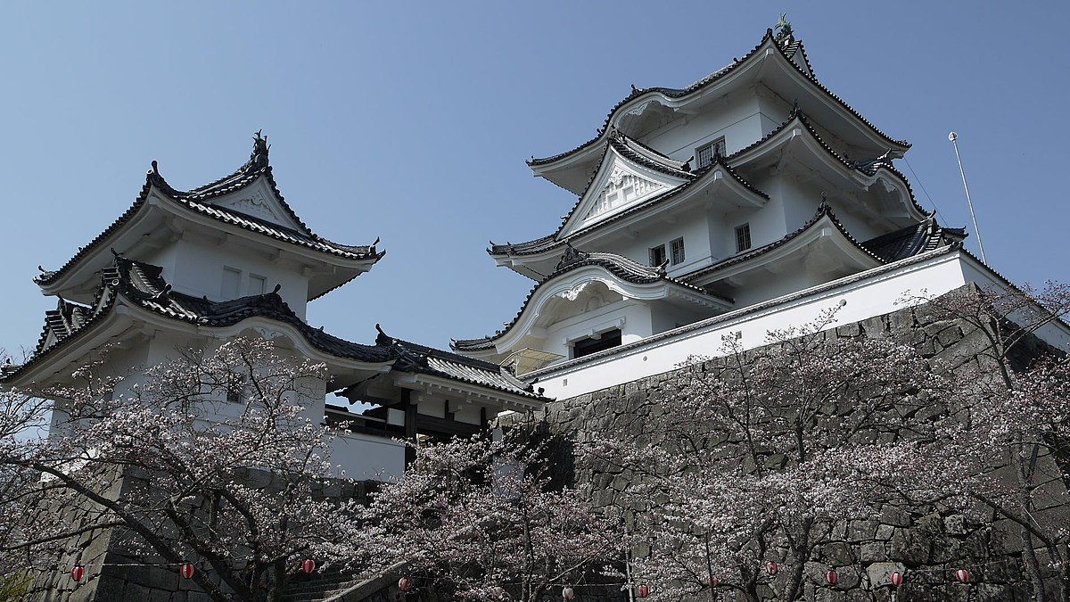 Looking up at the white structure of Iga Ueno Castle in Iga Mie Prefecture Japan